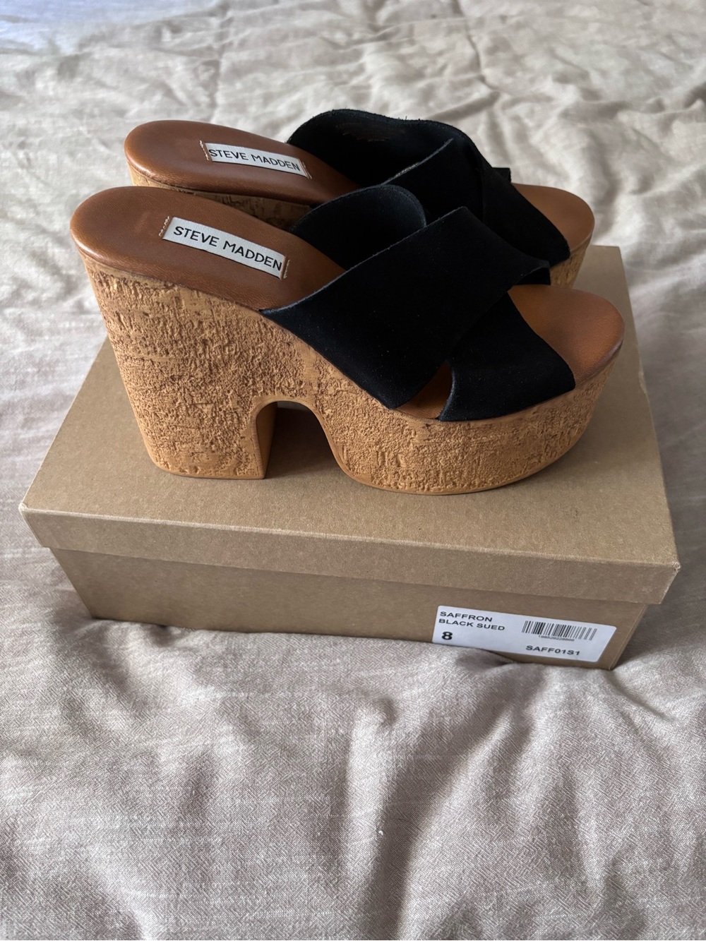 Steve Madden Black Suede Cork Platform Mules